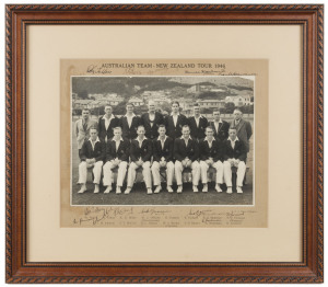 THE AUSTRALIAN TOUR OF NEW ZEALAND - 1946 An official team photograph by C.P.S. Boyer of Wellington, with printed title and names, signed by all 15 named players and officials including Bill Brown (Captain), Bill O'Reilly (VC), Lindsay Hassett, Keith Miller and Sid Barnes. Framed and glazed, overall 37.5 x 42cm.