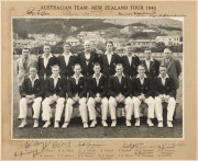 THE AUSTRALIAN TOUR OF NEW ZEALAND - 1946 An official team photograph by C.P.S. Boyer of Wellington, with printed title and names, signed by all 15 named players and officials including Bill Brown (Captain), Bill O'Reilly (VC), Lindsay Hassett, Keith Mill - 2