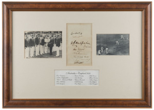 THE AUSTRALIAN TEAM IN ENGLAND - 1934 An attractive display comprising of an autograph page with 9 signatures in pen including Bert Oldfield, Bill O'Reilly and Bill Ponsford; mounted together with a signed action picture of Don Bradman and a picture of th