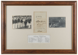 THE AUSTRALIAN TEAM IN ENGLAND - 1934 An attractive display comprising of an autograph page with 9 signatures in pen including Bert Oldfield, Bill O'Reilly and Bill Ponsford; mounted together with a signed action picture of Don Bradman and a picture of the whole team being introduced to King George V. Window mounted, framed and glazed, overall 37.5 x 52.5cm.