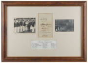 THE AUSTRALIAN TEAM IN ENGLAND - 1934 An attractive display comprising of an autograph page with 9 signatures in pen including Bert Oldfield, Bill O'Reilly and Bill Ponsford; mounted together with a signed action picture of Don Bradman and a picture of th