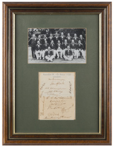 THE AUSTRALIAN TEAM IN ENGLAND - 1938 A display comprising of the official team sheet fully signed by all 17 players in the touring party, including Don Bradman, Stan McCabe, Bill Brown, Bill O'Reilly and Charles Fleetwood-Smith, mounted together with a p
