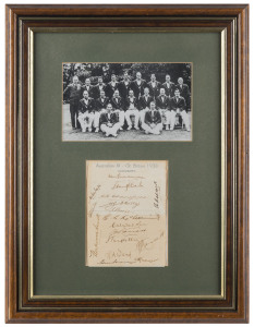 THE AUSTRALIAN TEAM IN ENGLAND - 1938 A display comprising of the official team sheet fully signed by all 17 players in the touring party, including Don Bradman, Stan McCabe, Bill Brown, Bill O'Reilly and Charles Fleetwood-Smith, mounted together with a picture of the team and officials. Framed and glazed, overall 47.5 x 36.5cm.