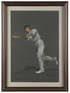 Frederick Stanley JACKSON, [Yorkshire & England] chromolithographic print from 'The Empire`s Cricketers', 1905, with biographical details affixed to the back of the frame. Overall 48 x 36cm.
