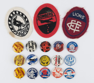 "HERALD FOR FOOTY" BADGES: c.1962, comprising Carlton, Collingwood, Fitzroy (2, "Gorillas" & "Lions"), Essendon, Footscray, Geelong, Hawthorn (3, two types), Melbourne, North Melbourne, Richmond, St Kilda & South Melbourne; also cloth badges for Fitzroy 