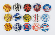 "HERALD FOR FOOTY" BADGES: c.1962, comprising Carlton, Collingwood, Fitzroy (2, "Gorillas" & "Lions"), Essendon, Footscray, Geelong, Hawthorn (3, two types), Melbourne, North Melbourne, Richmond, St Kilda & South Melbourne; also cloth badges for Fitzroy - 2
