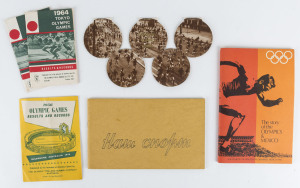 1950s-60s memorabilia comprising Results & Records booklets for 1956 Melbourne Olympics & 1964 Tokyo Olympics (2) produced by The Olympic Tyre & Rubber Co; also "The Story of the Olympics & Mexico" booklet published by Woolworths National Olympics Foundation, unusual c.1956 Romanian "Olympic Ring design" montage of Olympic and sports championship photographs with descriptive text in English, French & Cyrillic (not seen by us before)