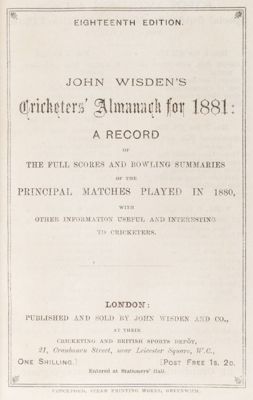 1881 WISDEN'S ALMANACK, rebound without covers but retaining all the advertisements at the rear.