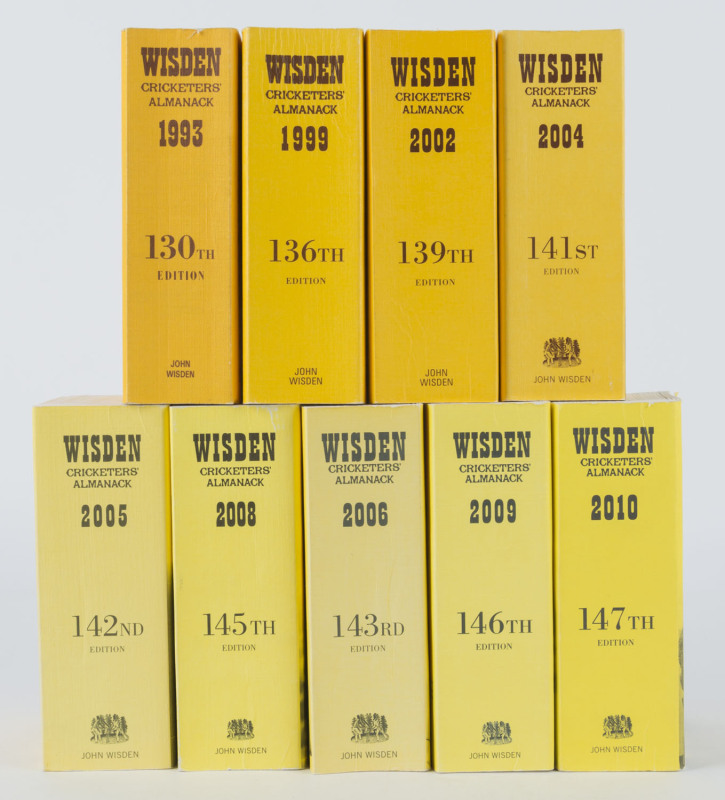 WISDEN'S ALMANACKS: Soft cover editions for 1993, 1999, 2002, 2004, 2005, 2006, 2008, 2009 & 2010. (Total: 9).