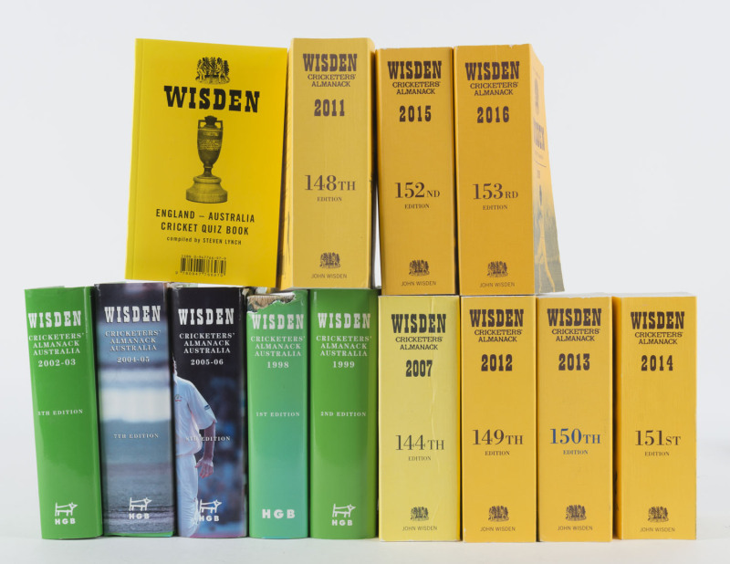 WISDEN'S ALMANACKS: Soft cover editions for 2007 and 2011 - 2016. Also, the hard cover Australian editions for 1998 (defecetive), 1999, 2002-03, 2004-05 & 2005-06 and the "Wisden England - Australia Cricket Quiz Book" (2005). (Total: 13).