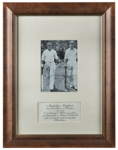 AUSTRALIA v ENGLAND: First Test Match at Nottingham, June 1938 C.J. Barnett (126) and Len Hutton (100) signed photograph depicting the two batsmen walking out to start their great opening stand. The match ended in a draw. Framed and glazed, overall 44 x 3