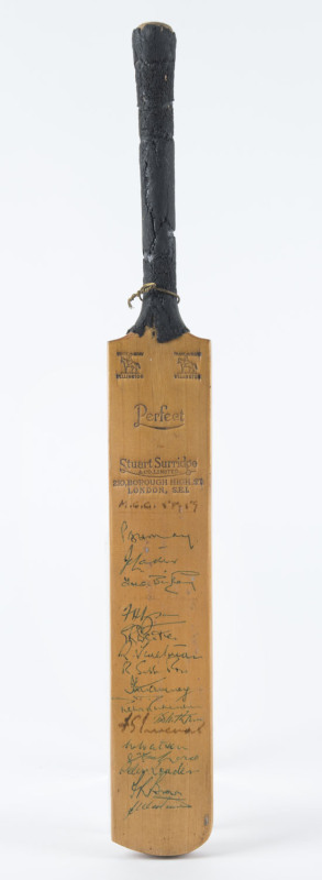 AUSTRALIA v ENGLAND, 1958 - 59 A miniature Stuart Surridge bat signed on the front of the blade by the English Touring party including May, Laker, Bailey, Dexter, Trueman, Statham and Tyson. Also signed by F.R.Brown, Jack Ryder, Bert Oldfield, Gil Langley