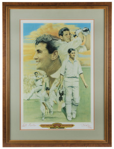 KEITH MILLER, "Sporting Legends - Keith Miller, Australian Cricketer" limited edition print [#386/500] by Brian Clinton, signed by Keith Miller and the artist, window mounted, framed & glazed, overall 86 x 64cm, with CoA.