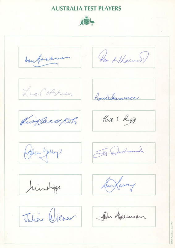 AUSTRALIAN TEST PLAYERS A remarkable collection of over 140 signatures of then-living Australian Test Team players, circa 1994, attractively presented on 12 printed cards, each headed "AUSTRALIAN TEST PLAYERS" with the Australian cost-of-arms in green. Th