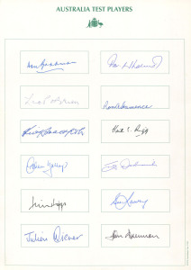 AUSTRALIAN TEST PLAYERS A remarkable collection of over 140 signatures of then-living Australian Test Team players, circa 1994, attractively presented on 12 printed cards, each headed "AUSTRALIAN TEST PLAYERS" with the Australian cost-of-arms in green. Th