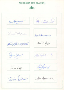 AUSTRALIAN TEST PLAYERS A remarkable collection of over 140 signatures of then-living Australian Test Team players, circa 1994, attractively presented on 12 printed cards, each headed "AUSTRALIAN TEST PLAYERS" with the Australian cost-of-arms in green. The signatures are all in ink and with very slight duplication including Bradman x2. Other notables include Arthur Morris, Sam Loxton, Bill Brown, Neil Harvey, Ian Johnson, Keith Miller, Doug Ring, Leo O'Brien, Keith Stackpole, Bill Lawry, etc.