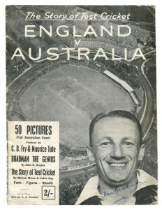 AUSTRALIA in ENGLAND - 1948 "The Story of Test Cricket - ENGLAND v AUSTRALIA" 28pp with photographs, articles, etc. [1948; Published by Cedric Day, W.D.S., 20 Sheet Street, Windsor, Berks.) signed to the front cover by Australia's Captain, Don Bradman and