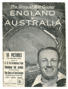 AUSTRALIA in ENGLAND - 1948 "The Story of Test Cricket - ENGLAND v AUSTRALIA" 28pp with photographs, articles, etc. [1948; Published by Cedric Day, W.D.S., 20 Sheet Street, Windsor, Berks.) signed to the front cover by Australia's Captain, Don Bradman and on internal pages by Bill Voce, Alec Bedser, Bill Edrich and Douglas Wright.