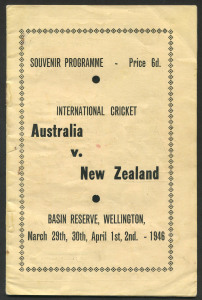 The souvenir programme for the First Test Match between Australia and New Zealand at the Basin Reserve, March/April 1946. The scores for New Zealand's two innings and Australia's first are fillin-in by hand. 