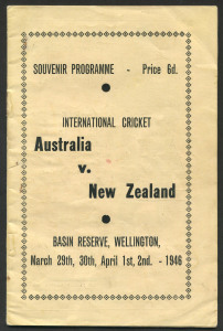The souvenir programme for the First Test Match between Australia and New Zealand at the Basin Reserve, March/April 1946. The scores for New Zealand's two innings and Australia's first are fillin-in by hand.