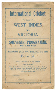 THE WEST INDIES TEAM in AUSTRALIA - 1930 WEST INDIES v VICTORIA Souvenir Programme and Scorecard for the four-day match which preceded the Test Match series. Signed internally by the full Victorian Team including Woodfull, Ponsford, Ryder, Hendry, a'Beckett, Darling, Barnett and O'Brien. Also signed by ten of the West Indians including Headley, Constantine, Hunte, Sealy, Barrow and Martin. The rear cover provides enough space for "DON BRADMAN'S AMAZING RECORDS".