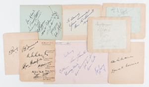 AUSTRALIA: Pages removed from various autograph books, with more than 40 original signatures including Stan McCabe, Sid Barnes, Ron Saggers, Arthur Morris, Doug Ring, Percy Beames, Ben Barnett, Ross Moyle, Clarrie Grimmett, Merv Waite, Keith Miller, Ian Johnson, Arthur Mailey, Geo Hele, Neil Harvey, Bob Simpson and Bill Lawry.