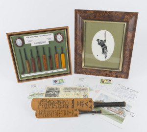 ENGLAND: A collection of original signatures on first day covers, a Christmas card, etc. Noted Tony Greig, Mike Gatting, Ted Dexter, Colin Cowdrey, Geoff Boycott, David Gower, Tom Graveney, Brian Close, Dennis Amiss, Mike Brearley, Derek Randall, Derek Underwood and many more. Also, two miniature bats with printed team signatures for England First Test 1953 and another team circa 1930; a small framed "History of the Cricket Bat" and a limited edition silhouette of Don Bradman, framed.