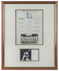 "The 1948 Invincibles" a privately printed team sheet incorporating a team photograph, signed by all members of the team except Keith Miller, whose signature and picture are mounted below. (11 original autographs). Framed and glazed, overall 54 x 44cm.