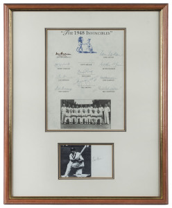 "The 1948 Invincibles" a privately printed team sheet incorporating a team photograph, signed by all members of the team except Keith Miller, whose signature and picture are mounted below. (11 original autographs). Framed and glazed, overall 54 x 44cm.