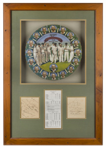 AUSTRALIA in ENGLAND - 1948 A 50th Anniversary of the Invincibles Tour platter, mounted together with a listing of the batting and bowling statistics of all members of the touring party, with two autograph pages bearing all 17 players' original signatures mounted to each side of the display. Attractively framed and glazed, overall 79 x 54cm.