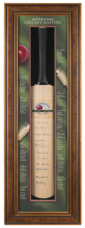 AUSTRALIAN CRICKET MASTERS, full size cricket bat, with signatures of Neil Harvey, Alan Davidson, Richie Benaud, Graham McKenzie, Bill Brown, Peter Burge, Colin McDonald, Sam Loxton, Bill Johnston, Norm O'Neill & Bill Lawry, mounted in attractive display