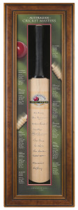 AUSTRALIAN CRICKET MASTERS, full size cricket bat, with signatures of Neil Harvey, Alan Davidson, Richie Benaud, Graham McKenzie, Bill Brown, Peter Burge, Colin McDonald, Sam Loxton, Bill Johnston, Norm O'Neill & Bill Lawry, mounted in attractive display 