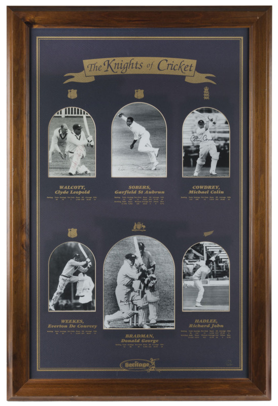 "THE KNIGHTS OF CRICKET", display comprising 6 signed photographs of all the Sirs - Don Bradman, Clyde Walcott, Gary Sobers, Colin Cowdrey, Everton Weekes & Richard Hadlee, window mounted with details of their Test careers, limited edition 73/500, framed