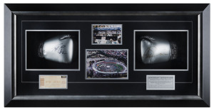 JEFF FENECH vs AZUMAH NELSON, June 2008 : A pair of "Jeff Fenech" branded boxing gloves, signed by the two adversaries, mounted framed and glazed together with details of their bouts a photograph of Princess Park, the venue in 1992 and with CofAs attached to the back. Overall 56 x 107cm.