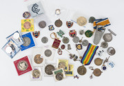 BADGES, MEDALS, PINS & SOUVENIRS: A range, mainly sporting related including cricket (South Melbourne 1927-28 membership fob), schools, royalty, military, etc. (Qty.)