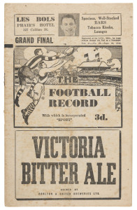 The Football Record: Special editions for the 1944 1st Semi-Final (Footscray v Essendon); the 2nd Semi-Final (Richmond v Fitzroy) lacking covers; the Final (Richmond v Essendon) and the Grand Final (Richmond v Fitzroy). There is also a Football Record for a "Charity Game" which featured teams from North of the Yarra (Fred Hughson of Richmond, captain) playing against a team from South of the Yarra (Jack Graham of South Melbourne, captain). (5). Mixed condition.Fitzroy defeated Richmond 9.1