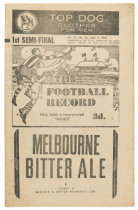 The Football Record: Special editions for the 1945 1st Semi-Final (North Melbourne v Carlton); the 2nd Semi-Final (South Melbourne v Collingwood) lacking covers; the Final (Collingwood v Carlton) and the Grand Final (South v Carlton). (Total: 4). Mixed condition.Carlton defeated South Melbourne 15.13 (103) to 10.15 (75), in the Grand Final in front of a crowd of 62,986 people.