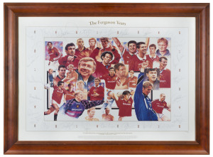 MANCHESTER UNITED: limited edition framed & glazed artwork print, issued to commemorate Sir Alex Ferguson's testimonial and his achievements as the manager of Manchester United, with 28 signatures including Ferguson and long term assistant Steve McClaren,