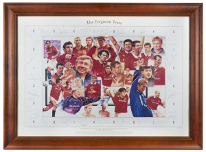 MANCHESTER UNITED: limited edition framed & glazed artwork print, issued to commemorate Sir Alex Ferguson's testimonial and his achievements as the manager of Manchester United, with 28 signatures including Ferguson and long term assistant Steve McClaren, plus players Ole Solkskjaer, Bryan Robson, Ryan Giggs, David Beckham, Roy Keane & Teddy Sheringham, numbered 42/500, overall 95x71cm; accompanied by framed CofA, overall 42x54cm. (2 items)