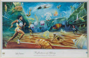 CATHY FREEMAN: "Reflections of Glory - Celebrating the Sydney 2000 Olympic Games", mounted limited edition poster by Jamie Cooper, signed by Cathy Freeman and by the artist, numbered 613/2000, overall 81x53cm.