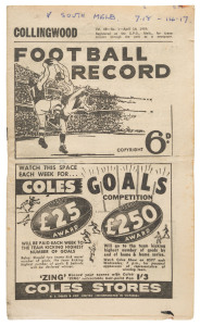 The Football Record: 1959 editions for the Home-and-Away Rounds, mainly featuring Collingwood: 1, 2, 3, 4, 5, 6, 7, 8, 9, 10, 11, 12, 13, 14, 15, 16, 17 and 18. (Total: 18). Mixed condition. Collingwood finished the Home-and-Away Season in Third position 