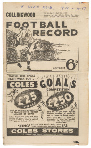 The Football Record: 1959 editions for the Home-and-Away Rounds, mainly featuring Collingwood: 1, 2, 3, 4, 5, 6, 7, 8, 9, 10, 11, 12, 13, 14, 15, 16, 17 and 18. (Total: 18). Mixed condition. Collingwood finished the Home-and-Away Season in Third position on the ladder, with 12 wins, and 6 losses.