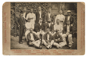 1893 AUSTRALIAN TEAM: Original cabinet card photograph, with title "Eighth Australian Cricketing Team, 1893" and players' names printed on mount, produced by The London Stereoscopic & Photographic Company, overall10.5 x 16.5cm.