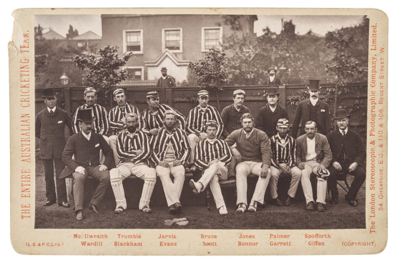 1886 AUSTRALIAN TEAM, original cabinet card team photograph, 'The Entire Australian Cricketing Team', by London Stereoscopic and Photographic Company, laid down on its original card mount with players names (McIlwraith, Trumble, Jarvis, Bruce, Jones, Palm