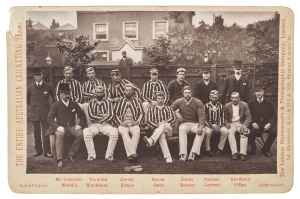 1886 AUSTRALIAN TEAM, original cabinet card team photograph, 'The Entire Australian Cricketing Team', by London Stereoscopic and Photographic Company, laid down on its original card mount with players names (McIlwraith, Trumble, Jarvis, Bruce, Jones, Palmer, Spofforth, Wardill, Blackham, Evans, Scott, Bonnor, Garrett and Giffen), overall 16 x 11 cm.