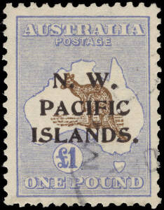 1915-16 (SG.99) £1 Chocolate & Dull Blue, type c overprint, with "Broken second 'C' in PACIFIC". FU with part Madang postmark.