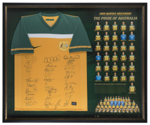 SOCCEROOS: "2010 Qantas Socceroos - The Pride of Australia" limited edition framed & glazed display, featuring Socceroos team shirt signed by members of the 2010 Socceroos squad, with images of all the players alongside, numbered 173/250, Football Federation of Australia CofA and A-Tag authentication; overall 110x90cm.