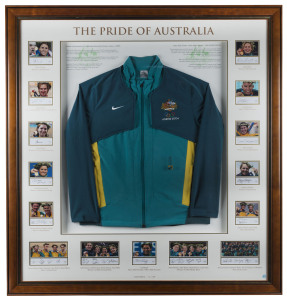 2004 Athens Olympics: AUSTRALIAN OLYMPIC TEAM JACKET: mounted in a framed & glazed display, surrounded by images of all Australia's gold medallists with signatures beneath, limited edition, numbered 16/250, A-Tag authenticated; overall 122x130cm.