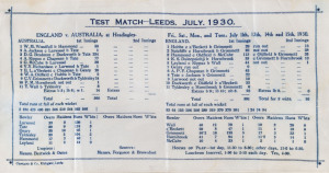 BRADMAN'S HIGHEST TEST MATCH SCORE - 334. A souvenir silk score card for the Test Match at Leeds, July 1930. Printed in deep blue by Crosland & Co., Kirkgate, Leeds. 12 x 27.5cm.