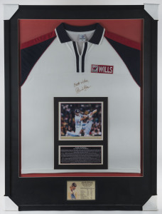 SACHIN TEDULKAR: framed & glazed display housing replica cricket shirt with authentic Tendulkar signature accompanied by presentation card with action photograph and potted career biography of the "The Little Master" with a commemorative metal plaque bene